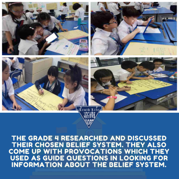 The grade 4 researched and discussed their chosen belief system. they also come up with provocations which they used as guide questions in looking for information about the belief system.